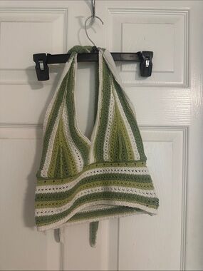 Hollister Green and White Striped Crochet Halter Tank Top